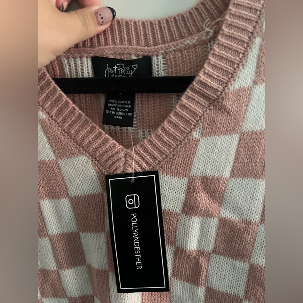 Just Polly Pink & White Checkered Knit Sweater Vest | Size Small - Picture 3 of 4